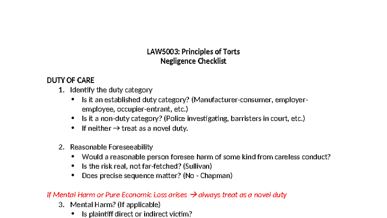 LAW5003: Torts Negligence Duty of Care Checklist and Guidelines - Studocu