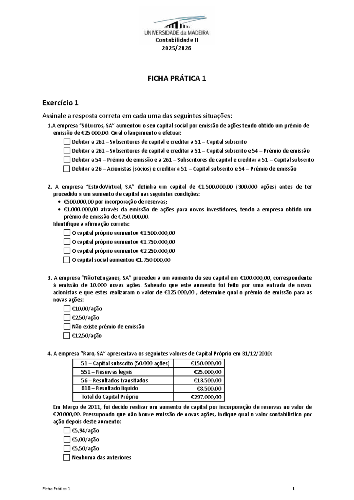 Contabilidade II - Ficha Prática 1: Exercícios e Respostas - Studocu