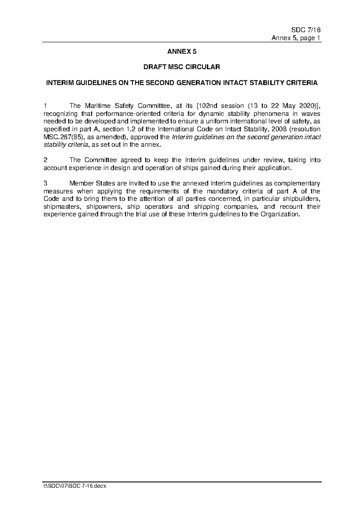 Interim Guidelines on Second Generation Intact Stability Criteria (SDC ...