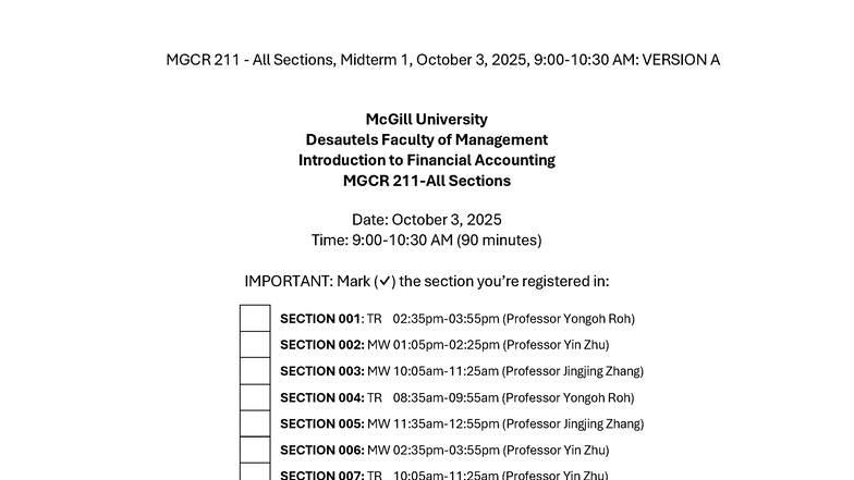 Midterm 1 MGCR 211 Fall 2025 - Version A Exam Instructions and ...