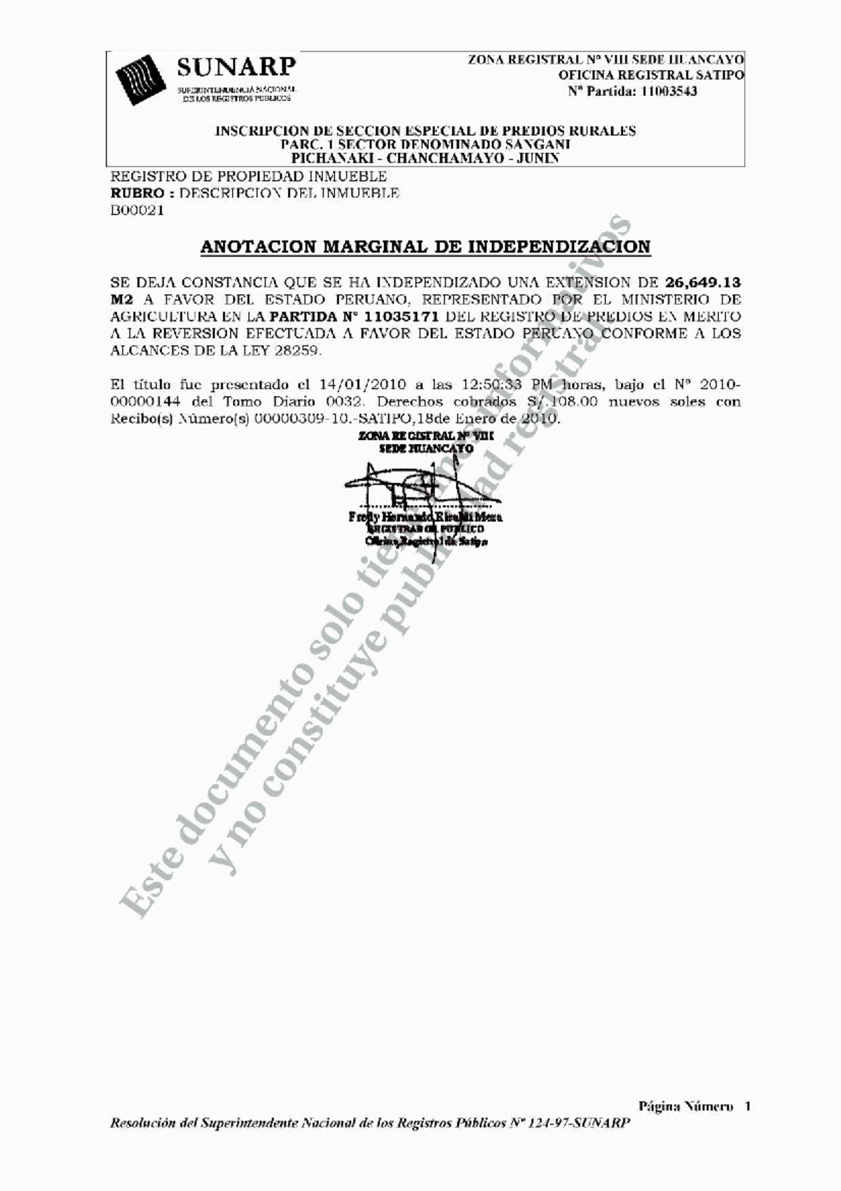 Inscripción de Predios Rurales en Satipo - Partida 11003543 - Studocu