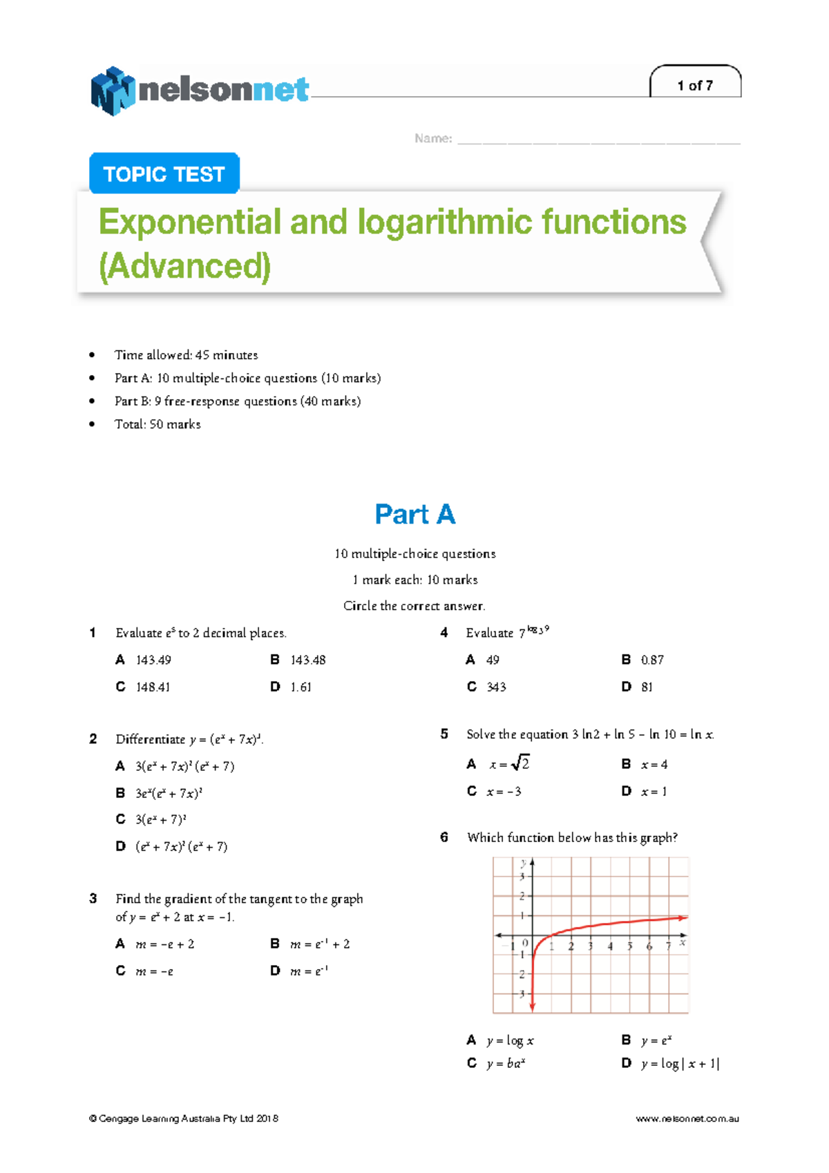 Advanced Exponential & Logarithmic Functions Topic Test (Nelson Net ...
