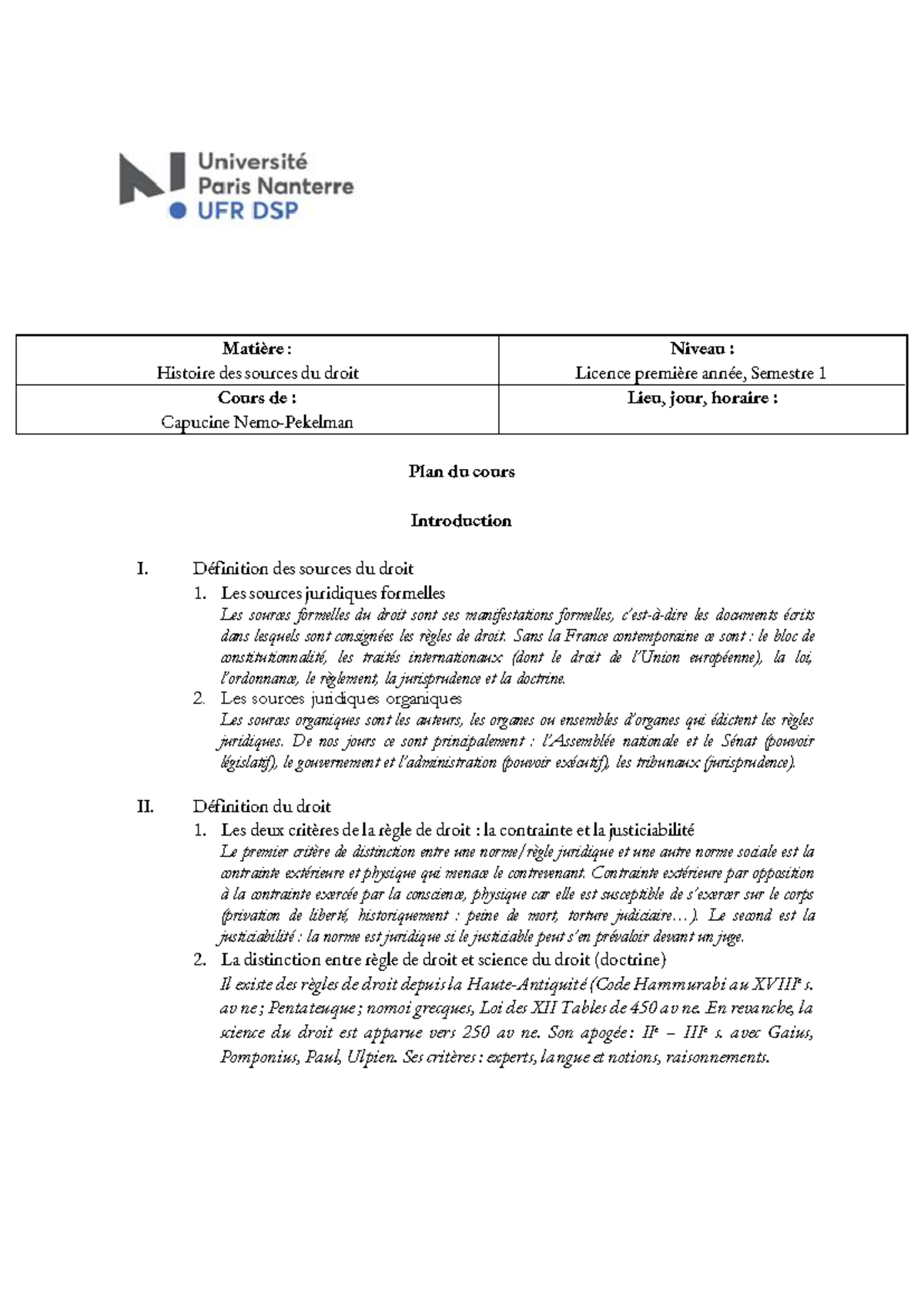 HDSD Cours d'Histoire des Sources du Droit - Plan 2025-2026 - Studocu