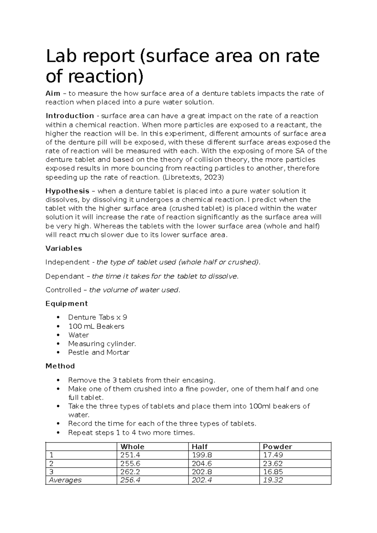 Lab Report: Impact of Surface Area on Reaction Rate (Chem 101) - Studocu
