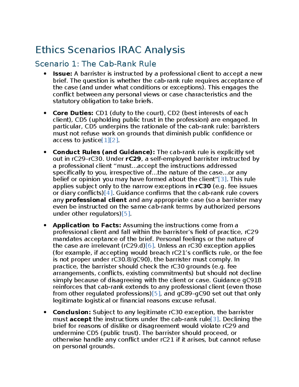 Ethics Scenarios IRAC Analysis: Core Duties & Conduct Rules - Studocu