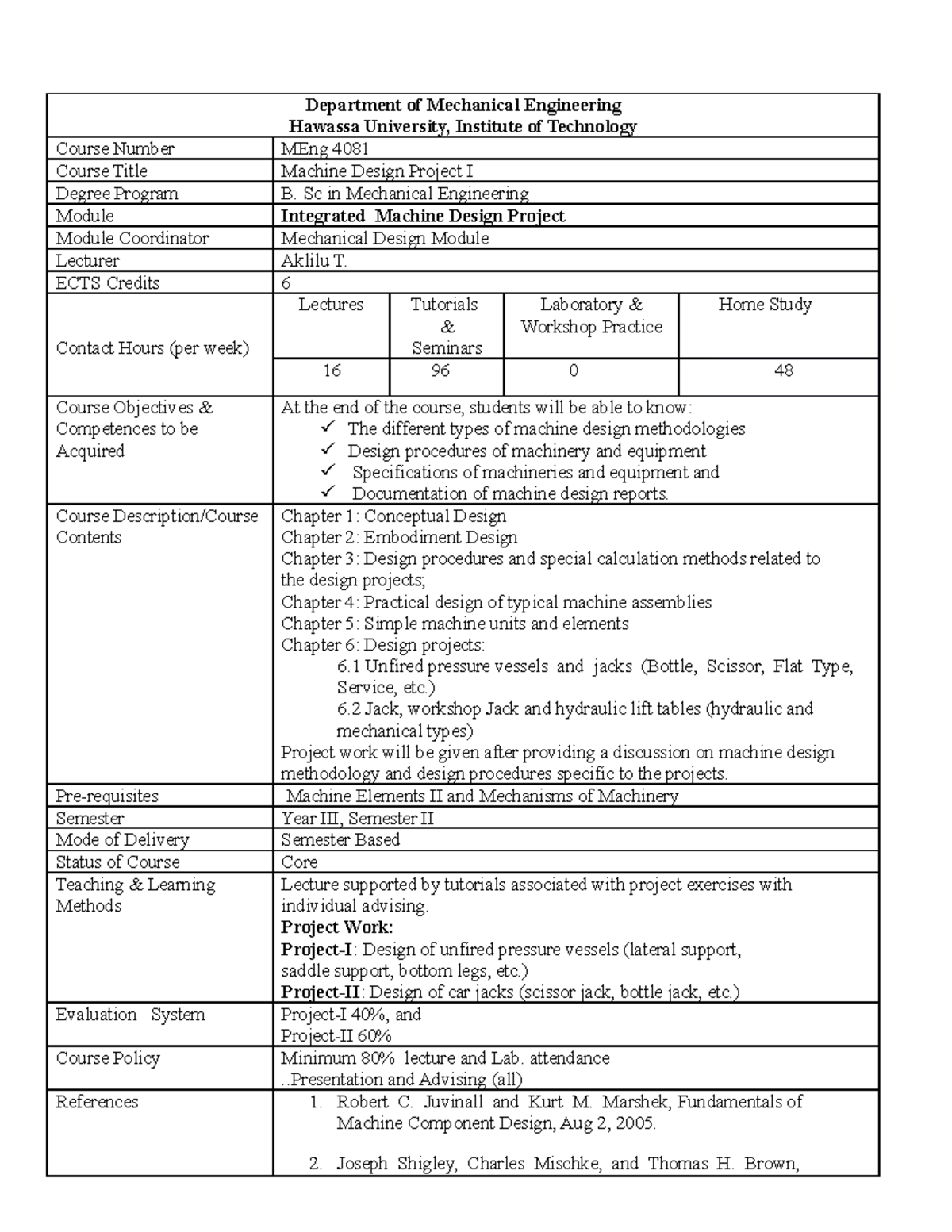 MEng 4081 Machine Design Project I Course Outline and Objectives - Studocu