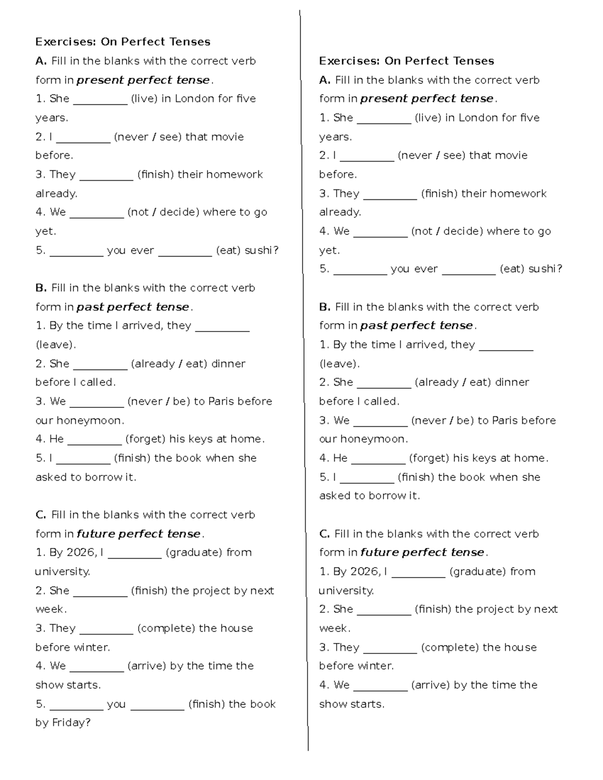 Exercises: On Perfect Tenses (Grammar Practice) - Studocu