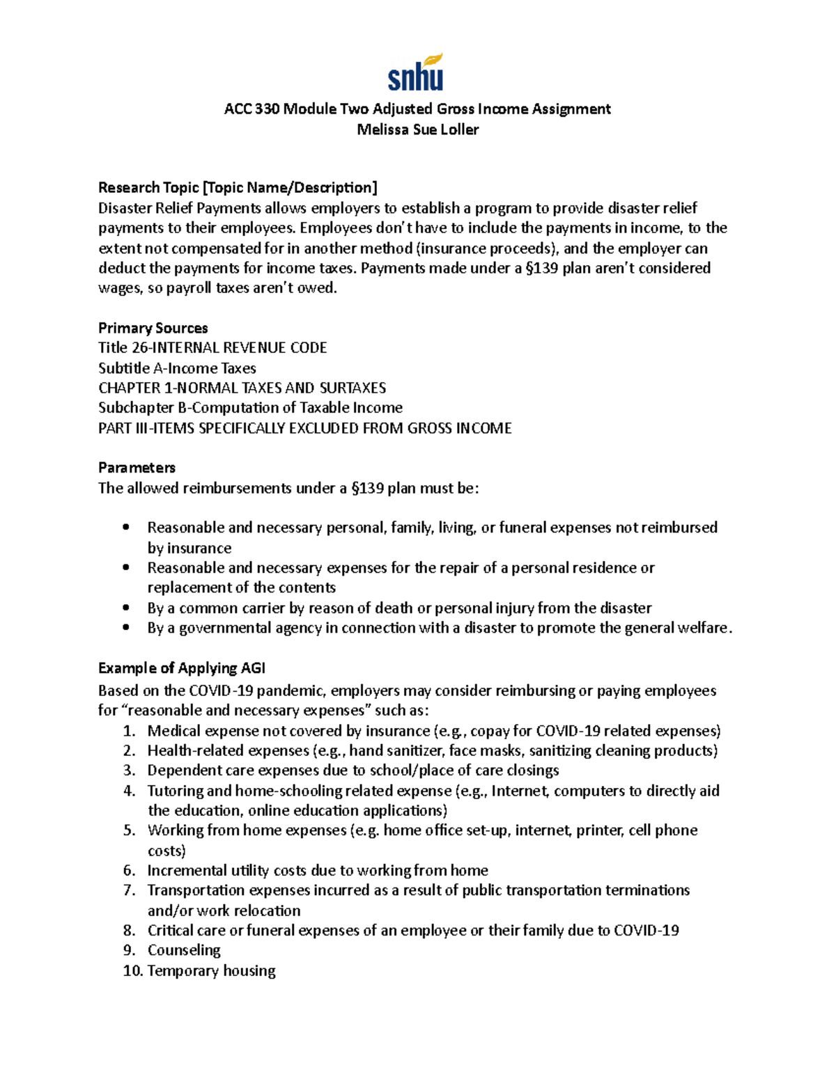 ACC 330 AGI Assignment: Understanding Disaster Relief Payments - Studocu