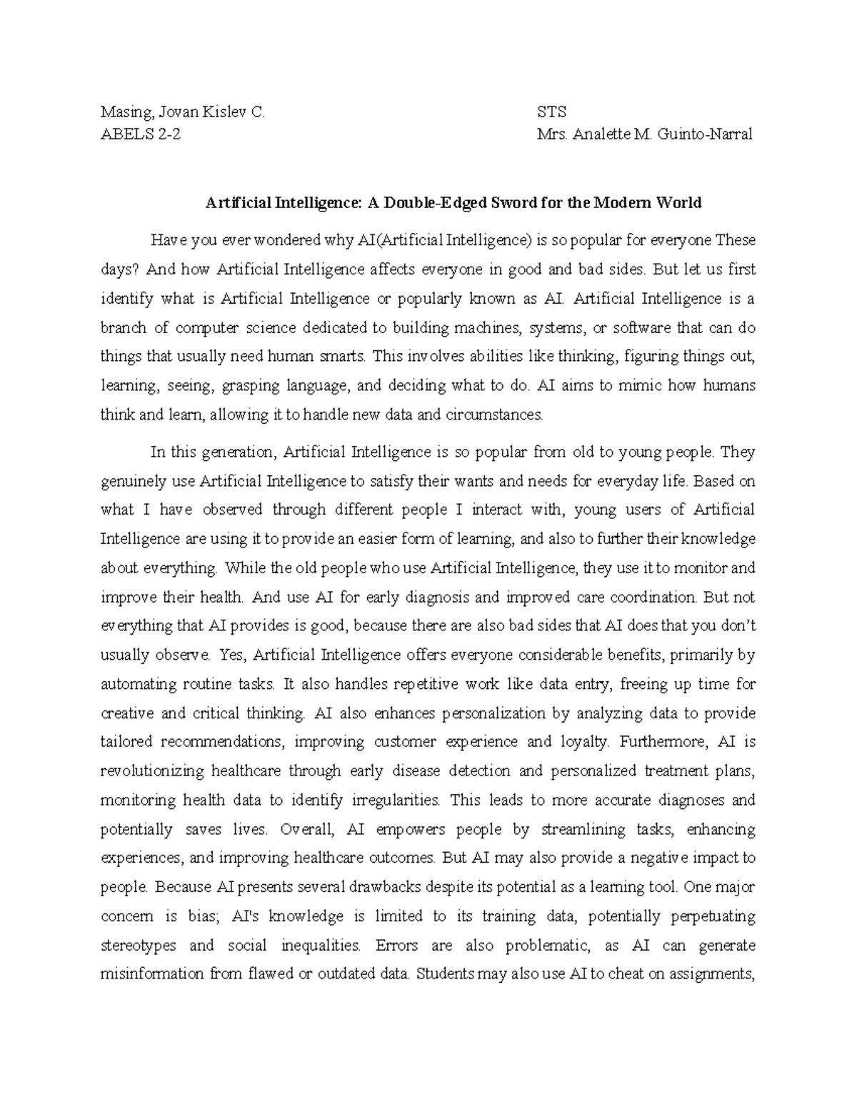 STS 2-2 Essay: The Double-Edged Sword of Artificial Intelligence - Studocu