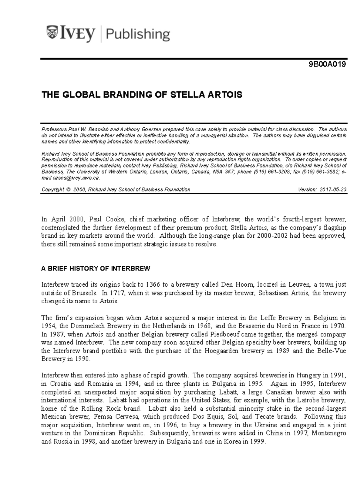 Global Branding Strategies of Stella Artois - Case Study 9B00A - Document Preview