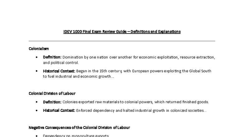 IDEV 1000 - Final Exam Review: Key Definitions and Concepts - Studocu