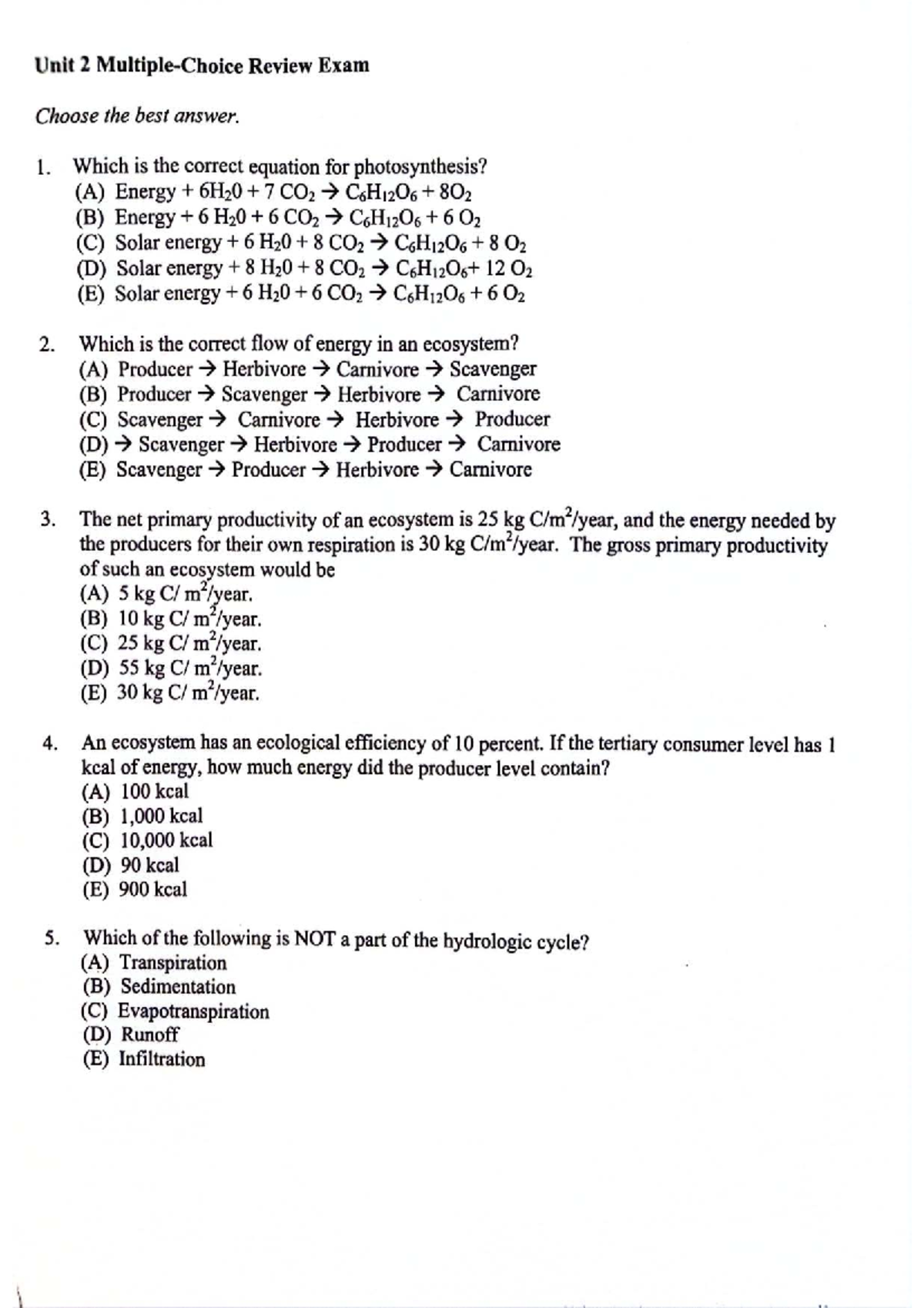 Unit 2 Review Exam - APES Summary and Practice Questions - Studocu
