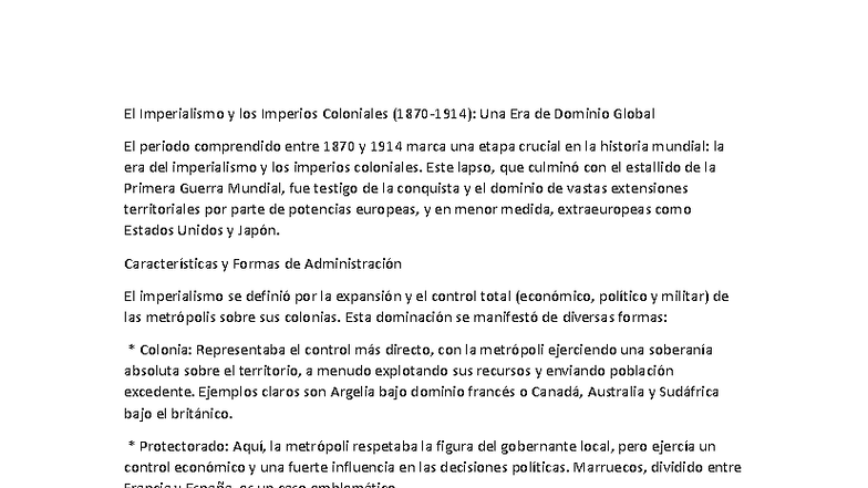 El Imperialismo y los Imperios Coloniales: Análisis 1870-1914 - Studocu