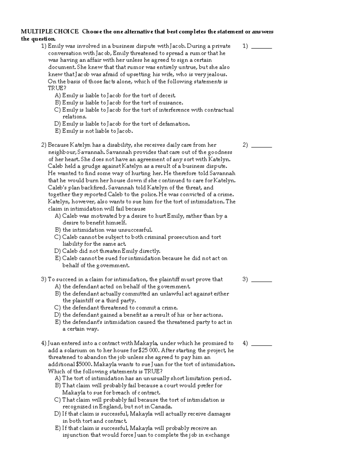 Final Exam Questions & Answers - Tort Law (2014) - Chapter 5 - Studocu