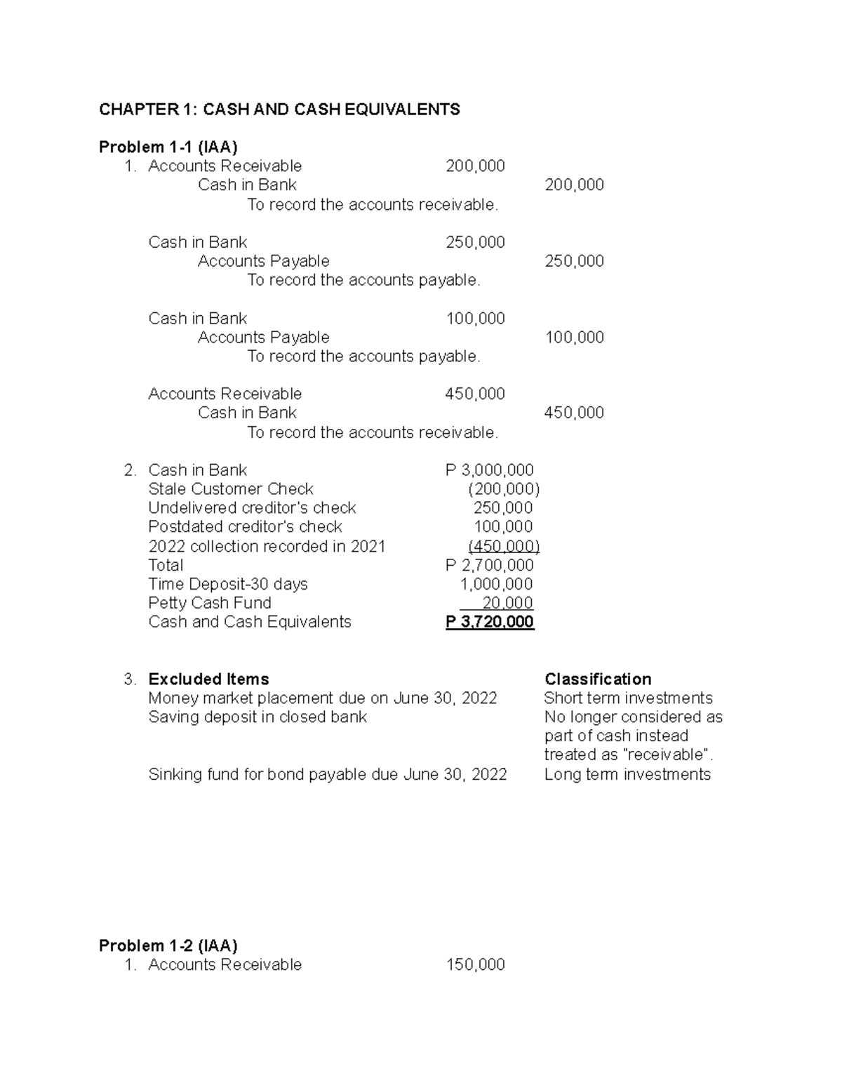 Answer key for Cash and Cash equivalents - BS accountancy - Studocu