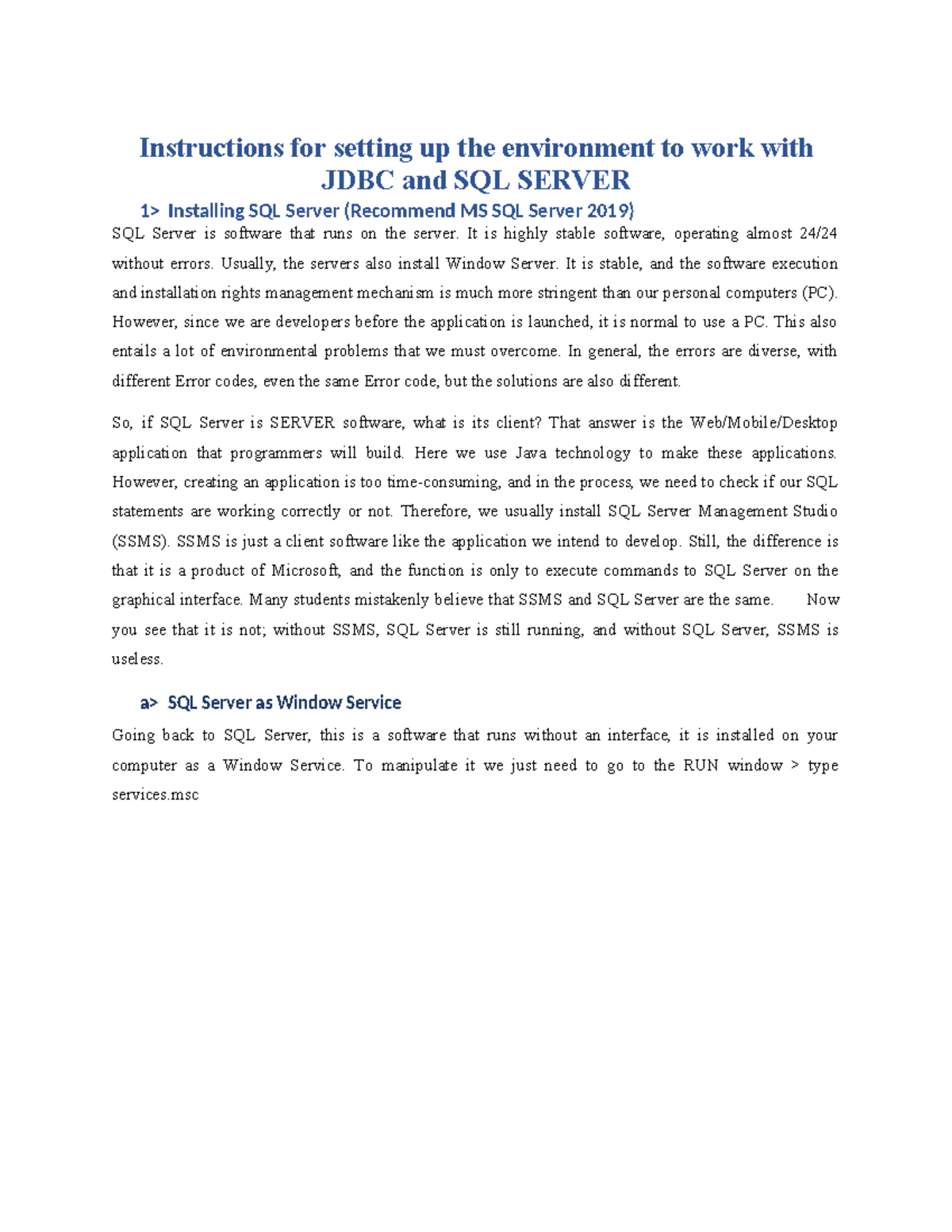 Instructions to Install the Environment for JDBC 1 - Instructions for ...
