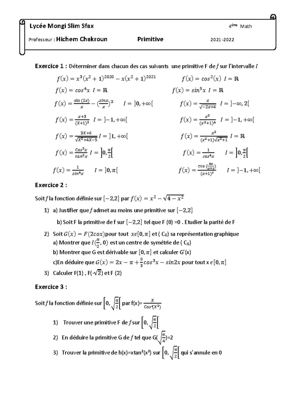 Calcul des Primitives : Exercices et Méthodes - Math 2021-2022 - Studocu