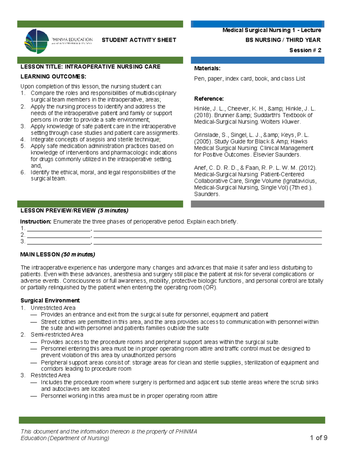 MS 1-LEC #2 - Intraoperative Nursing Care and Team Roles - Studocu