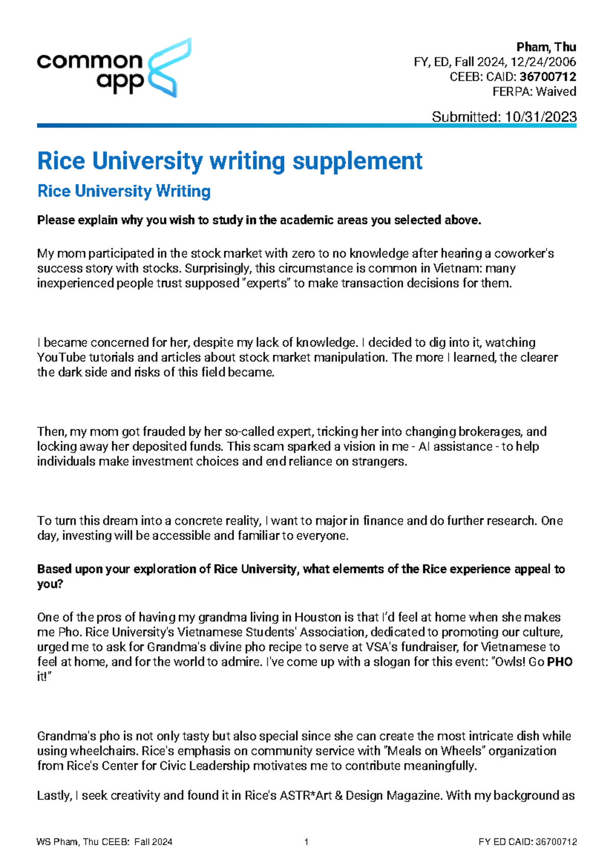 Rice University Writing Supplement Essay - Fall 2024 Application - Studocu