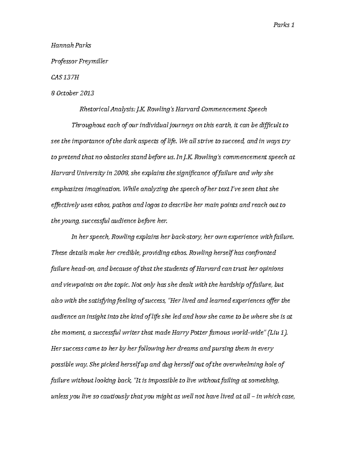 Rhetorical Analysis Essay on J.K. Rowling's Harvard Speech - CAS 137H ...