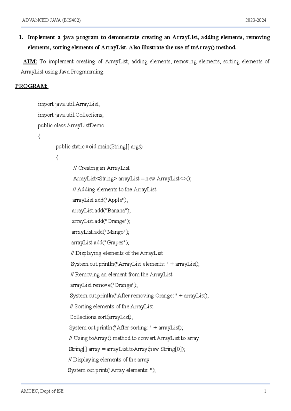 ADVANCED JAVA (BIS402) ArrayList, String, and GUI Program ...