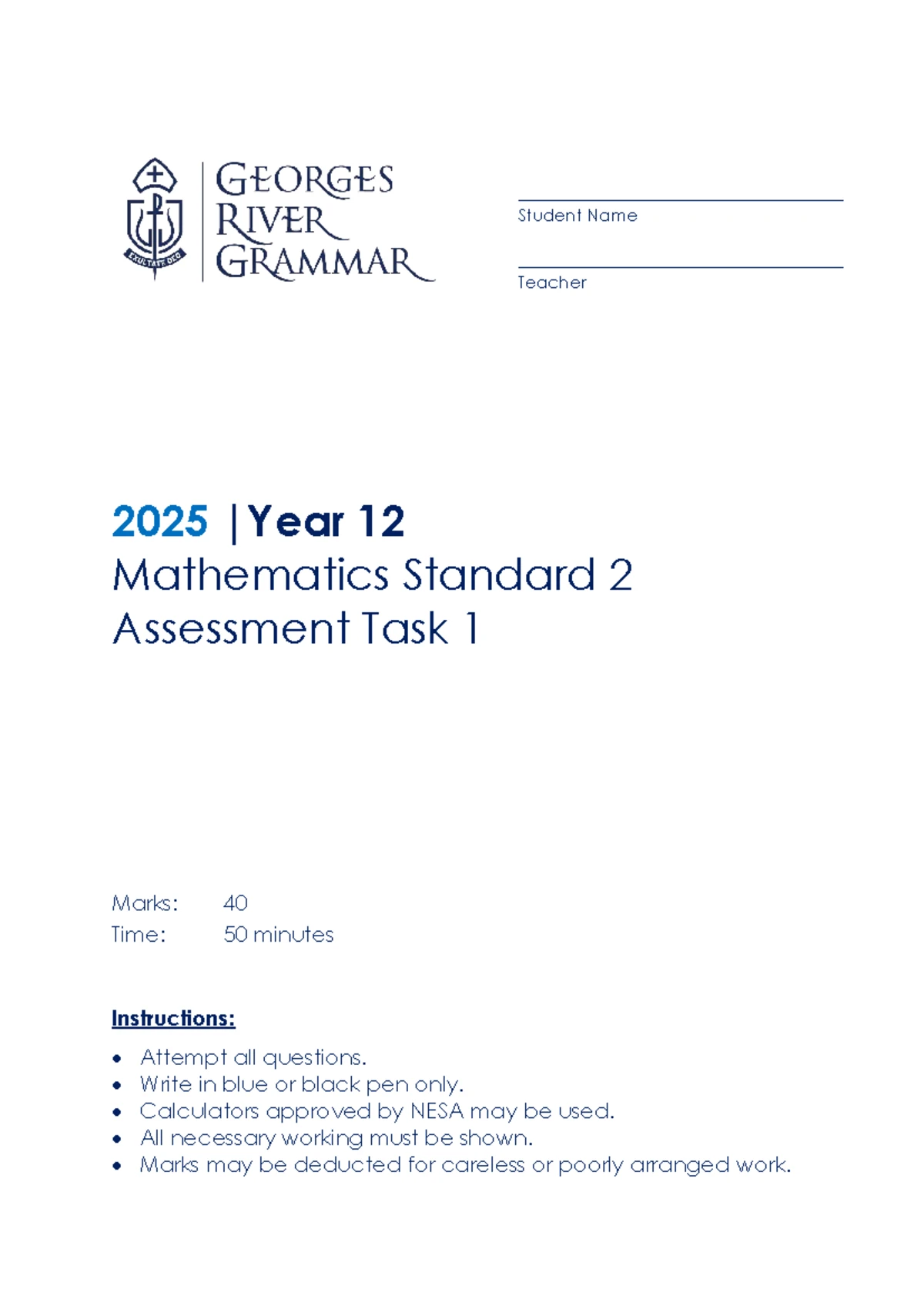 2024 Year 12 Mathematics Standard Assessment Task 1 Guide - Studocu