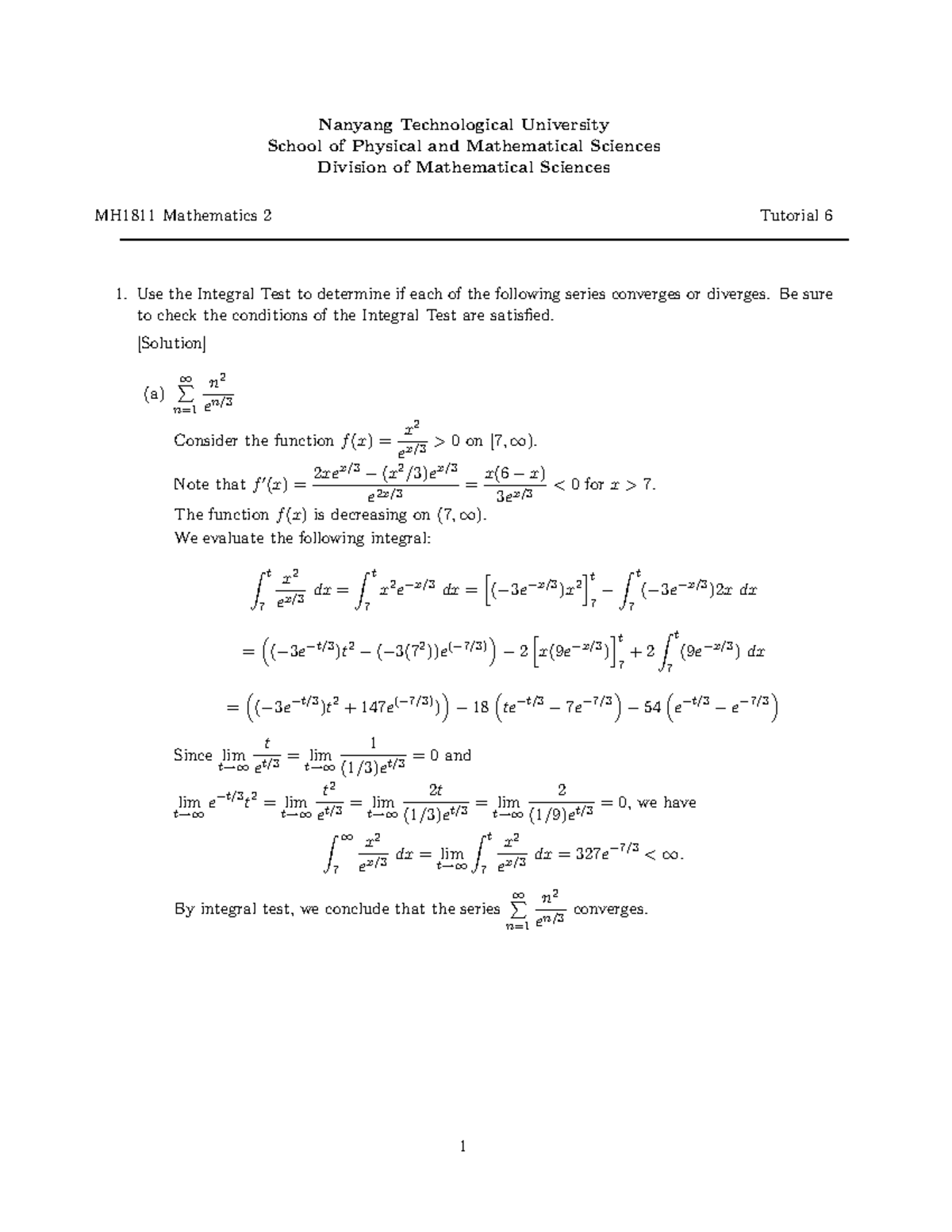 MH1811 Tutorial 6 Series Convergence and Divergence Solutions - Studocu