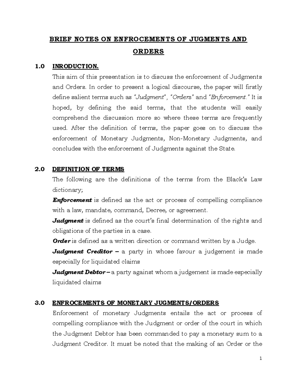 Notes on Enforcement of Judgments (LAW 101) by Hon E. Zulu - Studocu