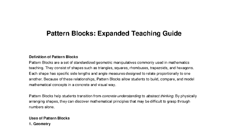 Pattern Blocks: Expanded Teaching Guide for Math Concepts - Studocu