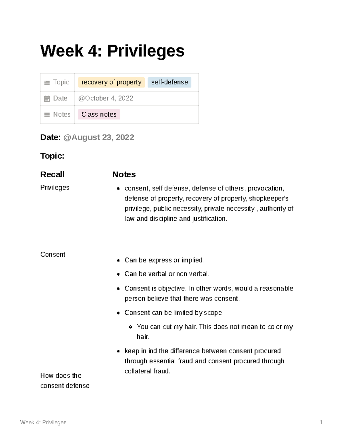 LAW 101 - Week 4 Reading Notes on Privileges and Self-Defense - Studocu