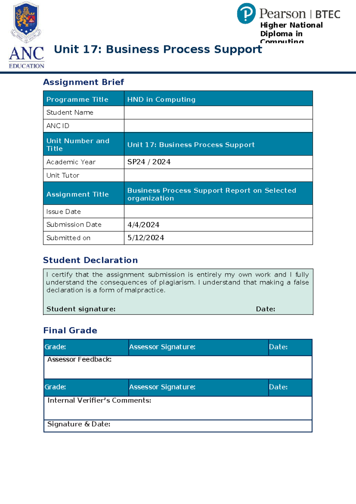 Unit 17 Business Process Support Report – HND in Computing SP24 - Studocu
