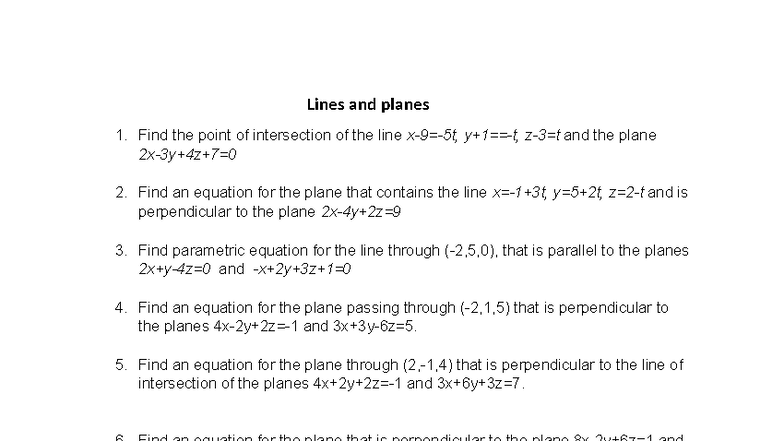 Lines and Planes: Intersection, Equations, and Distances 416720 - Studocu