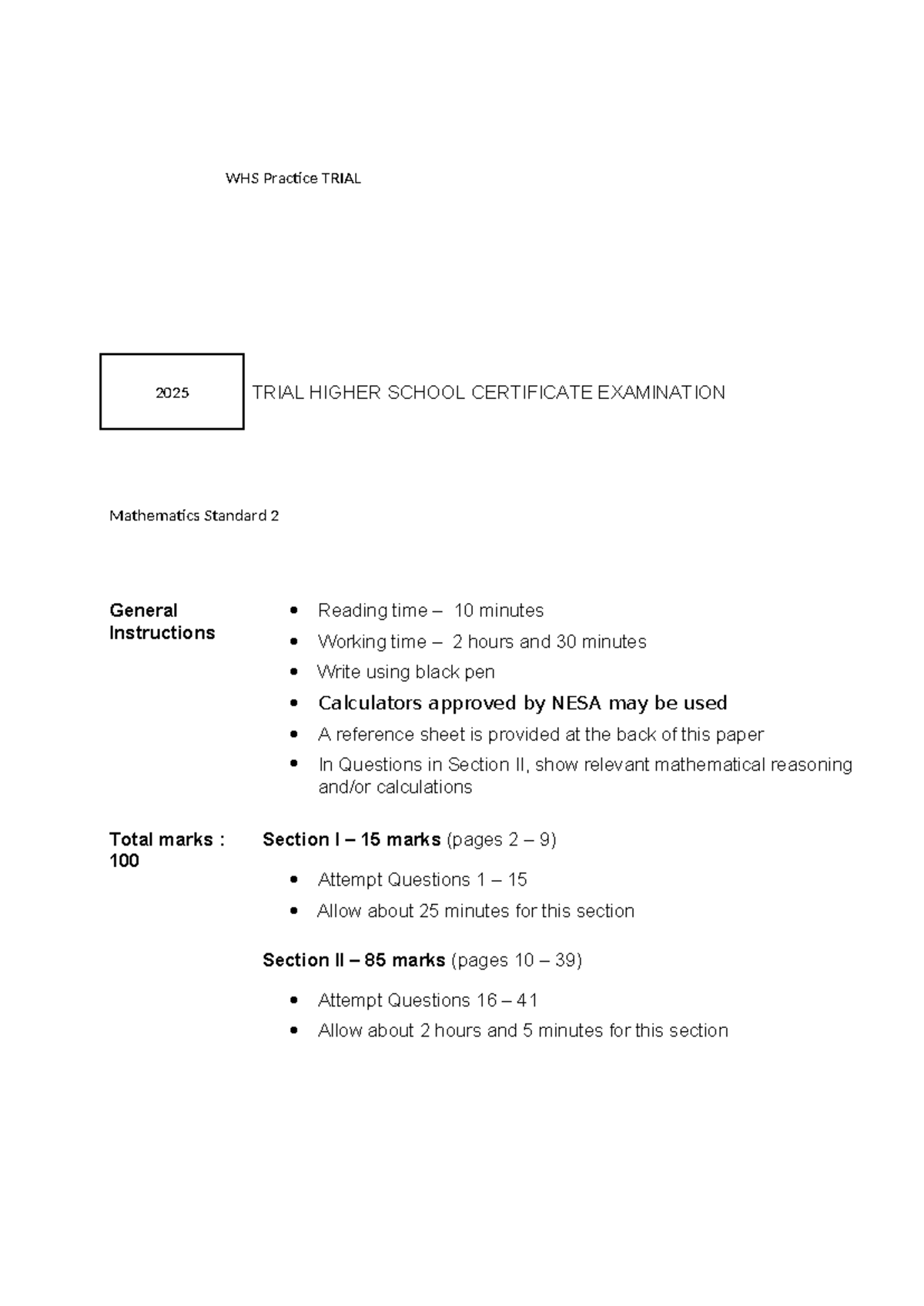 2025 WHS Practice HSC Trial Mathematics Standard 2 Exam Guide - Studocu