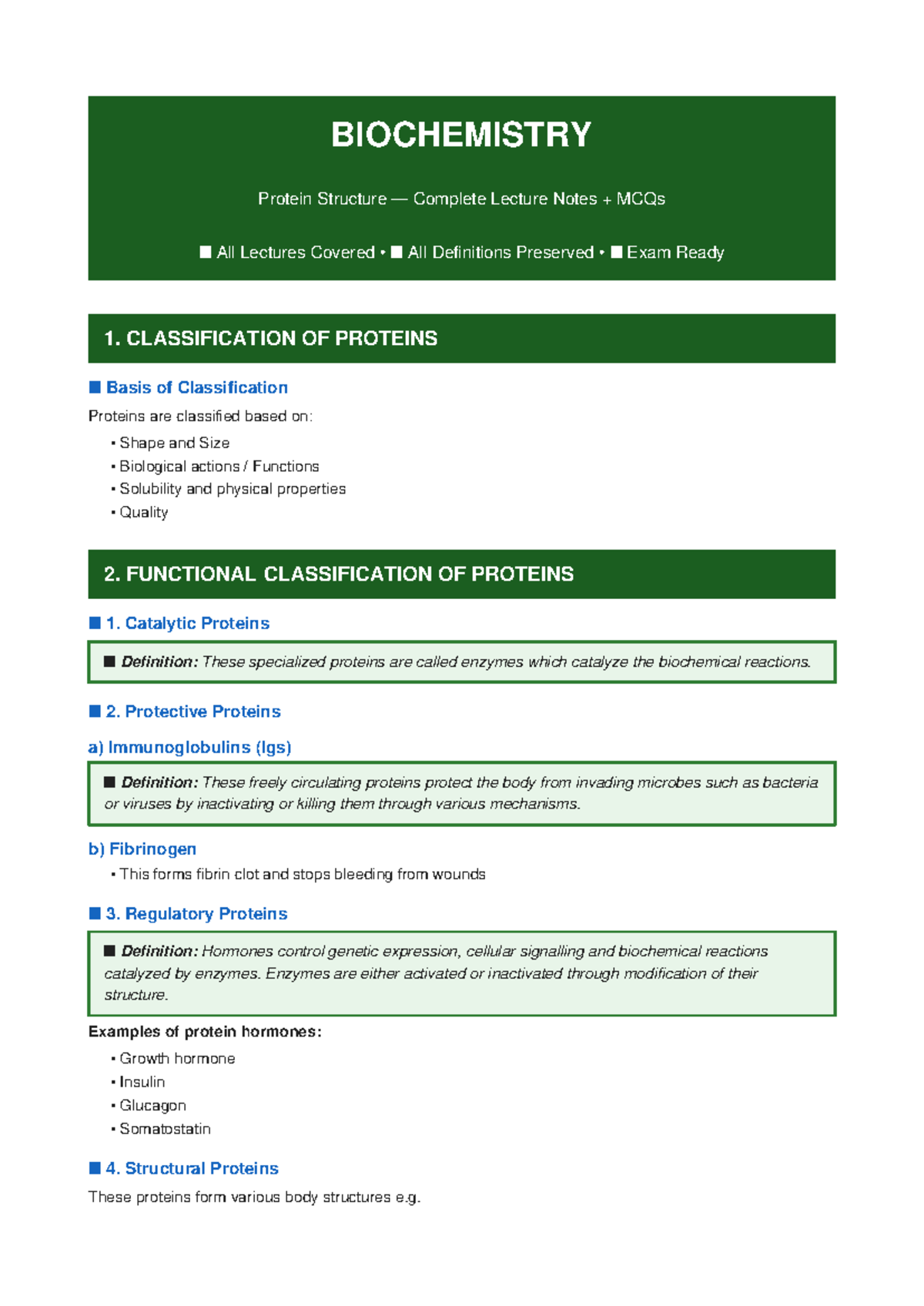 BIOCHEMISTRY Protein Structure Complete Lecture Notes & MCQs - Studocu