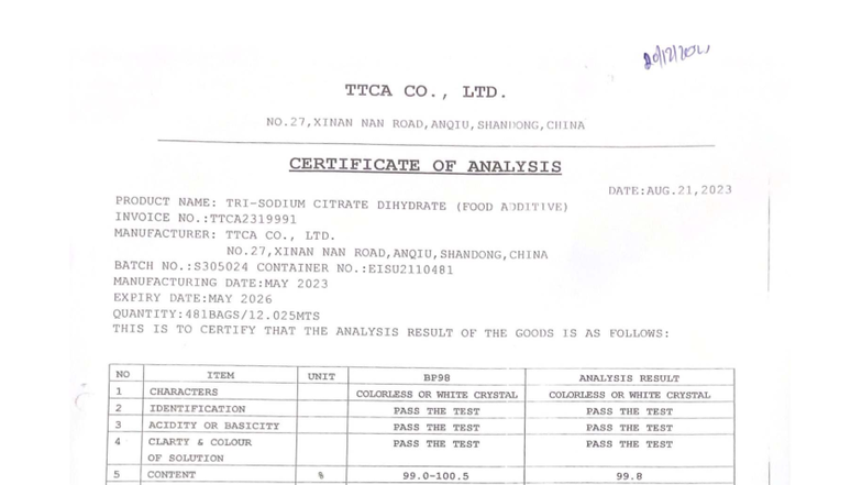 COA for Tri Sodium Citrate Dihydrate - TTCA, Aug 2023 - Studocu