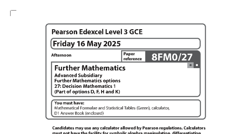 8FM0 27 Decision Mathematics 1 Final Exam Paper - May 2025 - Studocu
