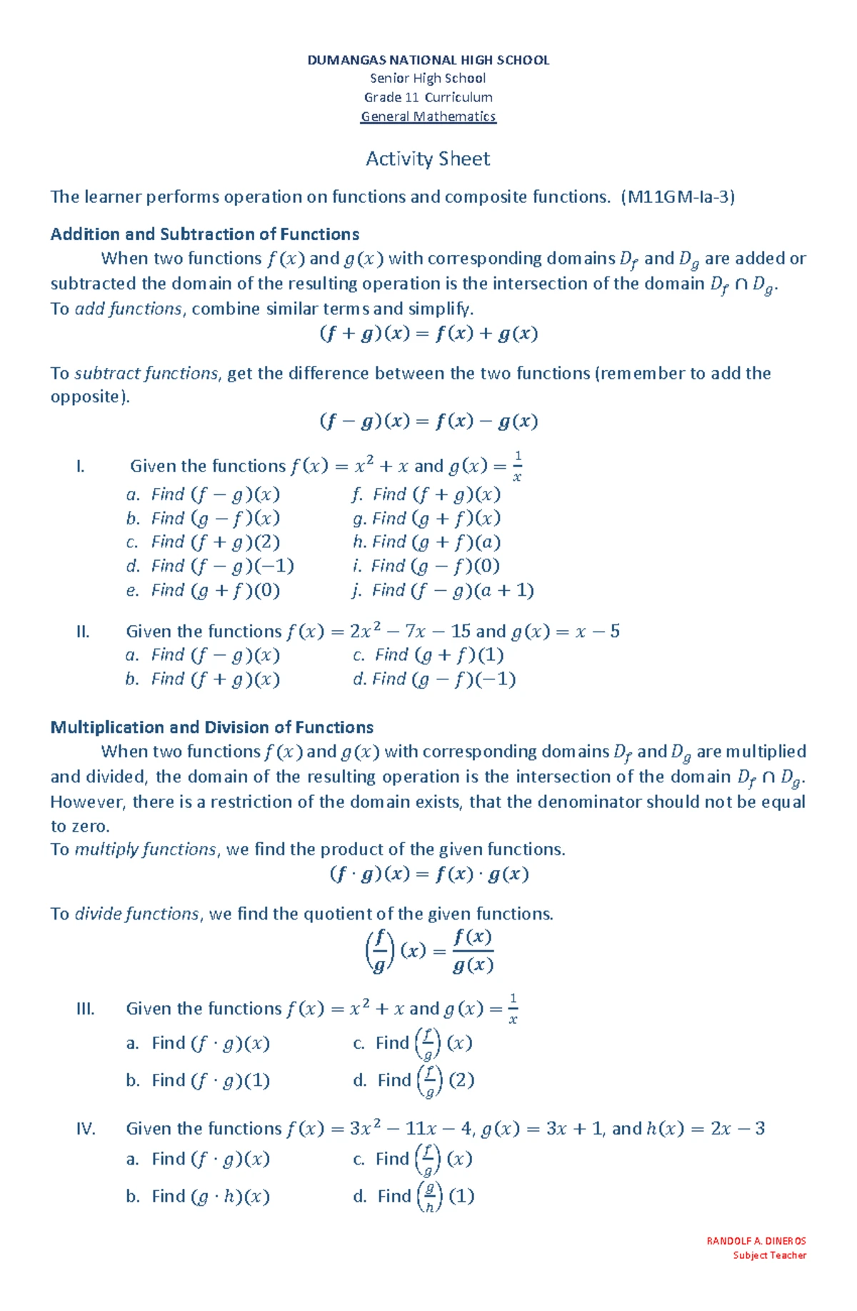 Activity Sheet-Operations on Functions(More Problems) - DUMANGAS ...