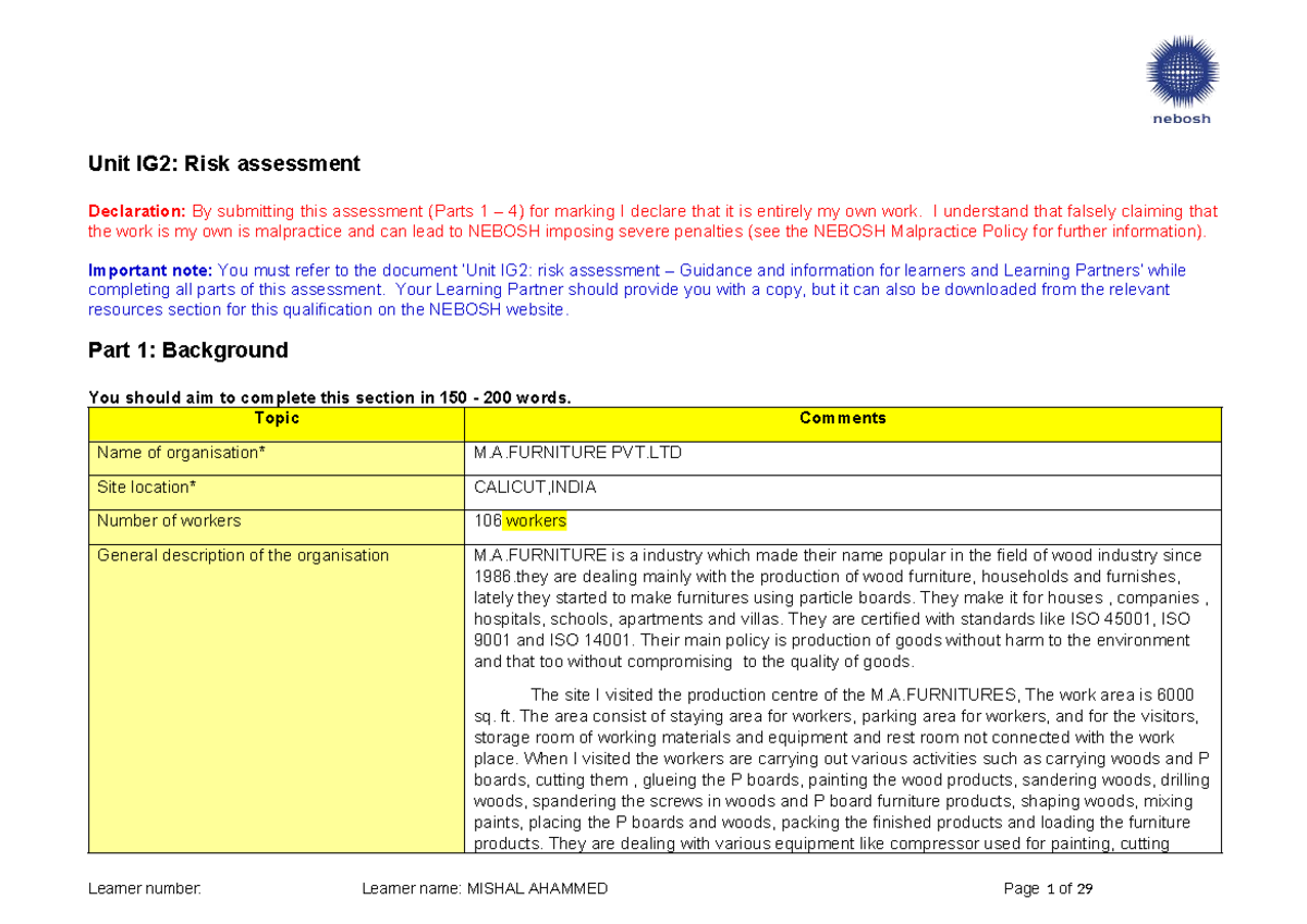 Unit IG2: Comprehensive Risk Assessment for M.A. Furniture Pvt. Ltd ...