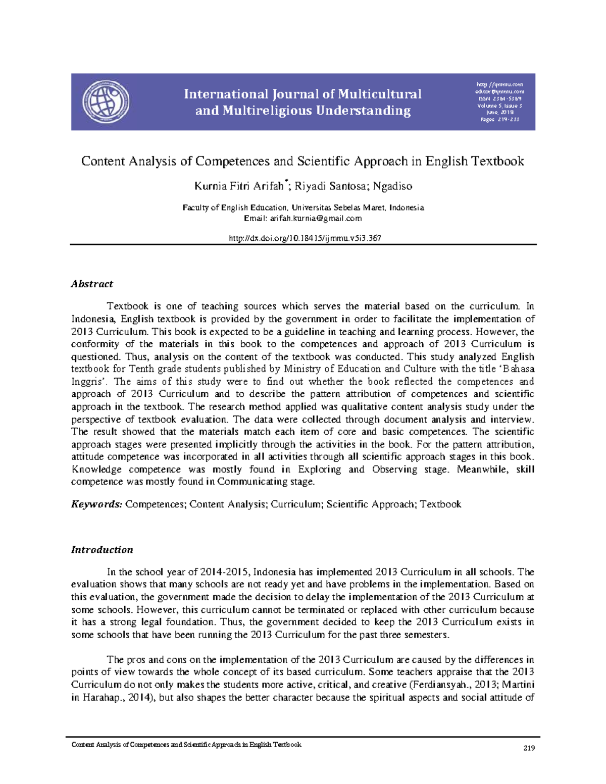 Content Analysis of English Textbook Competences in 2013 Curriculum ...