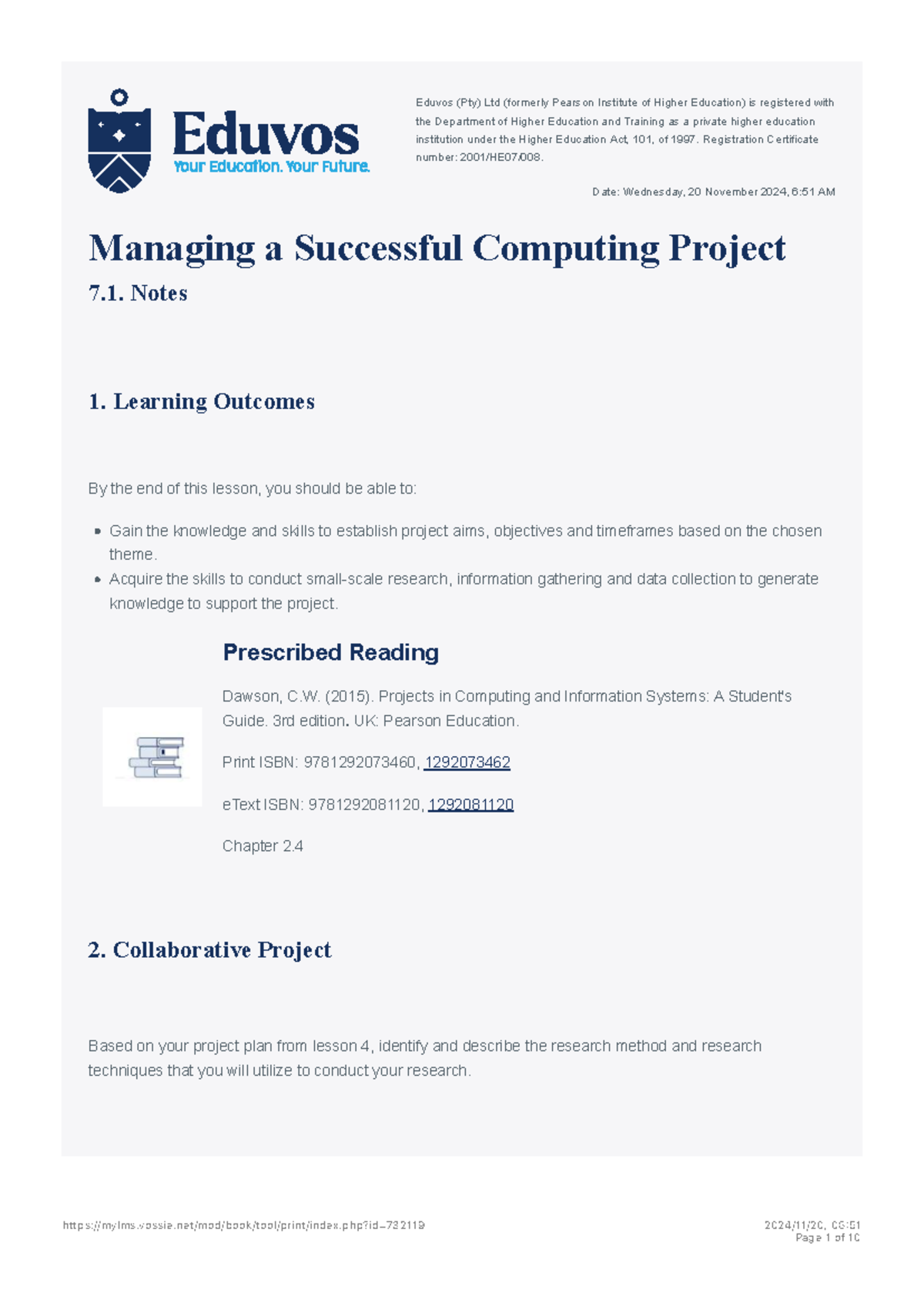 Eduvos (Pty) Ltd: Managing a Successful Computing Project 7.1 Notes ...