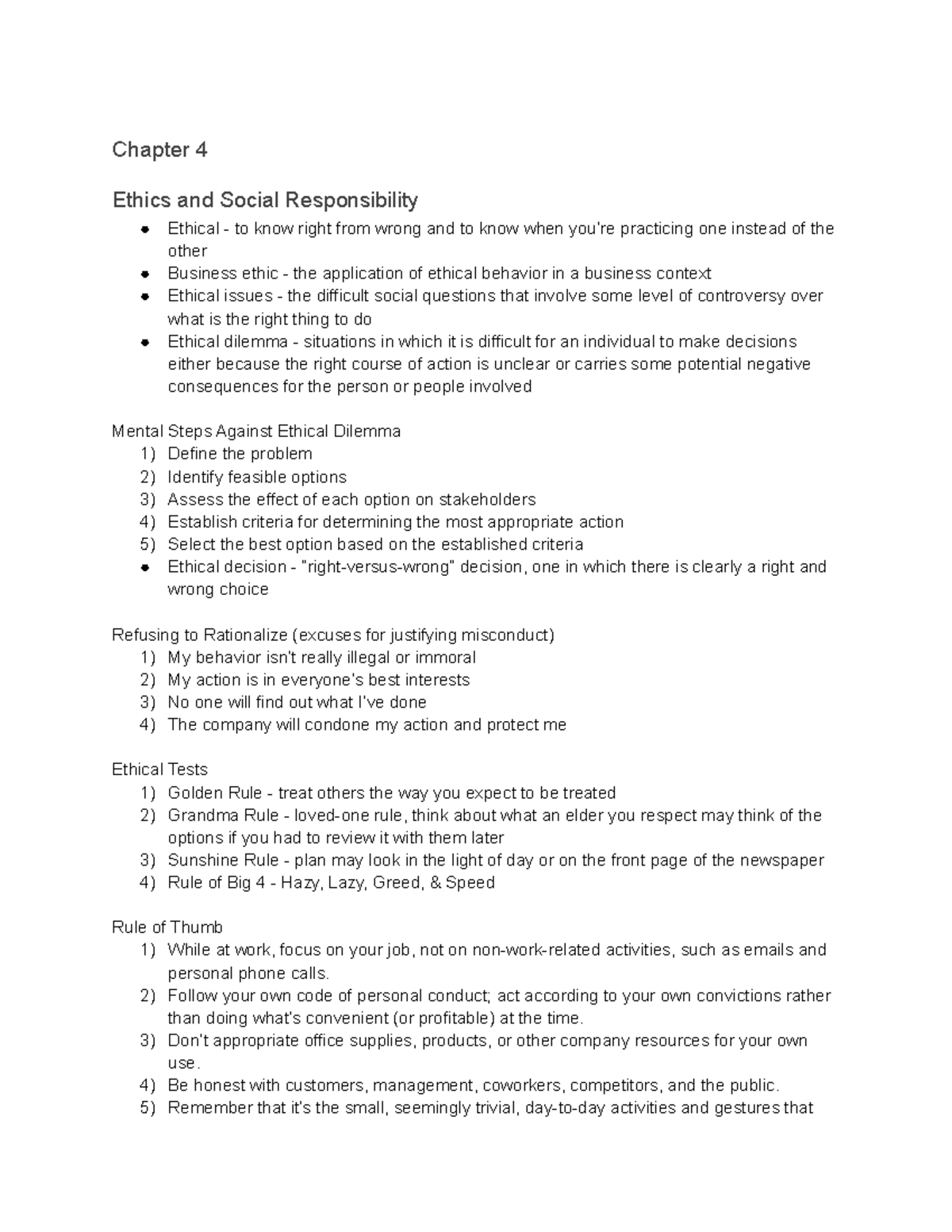 Chapter 4 - Ethics and Social Responsibility Notes - Studocu