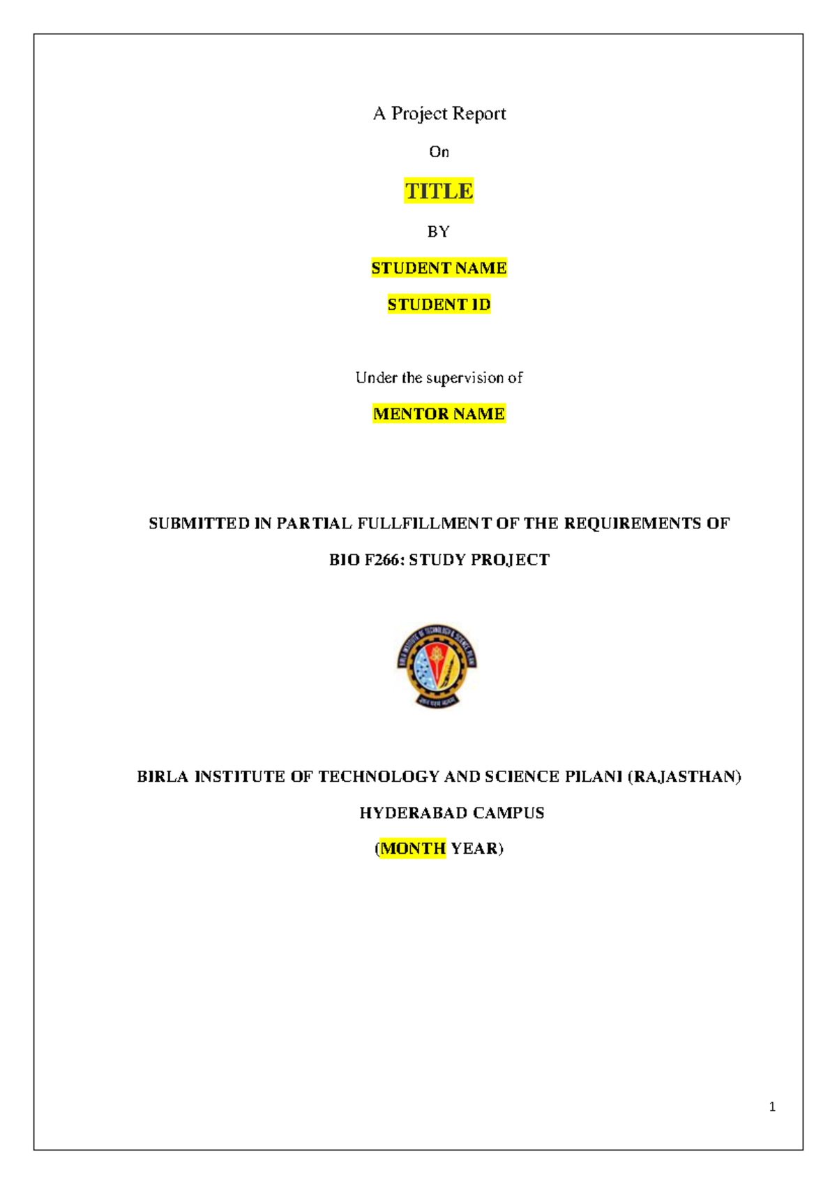 Mid Sem Report Format for BIO F266: Study Project at BITS Pilani - Studocu