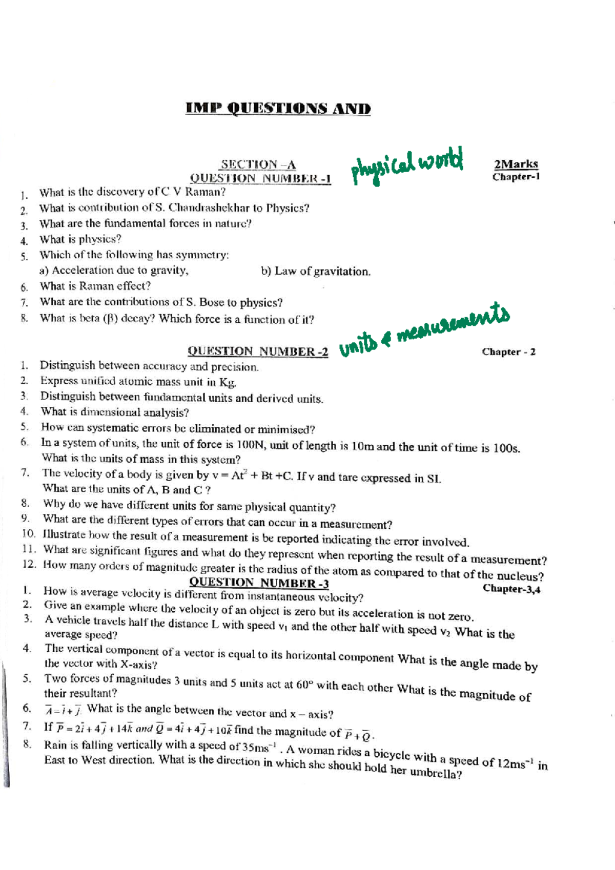 Physics Important Questions for Chapter 2 & Laws of Motion (PHYS101 ...