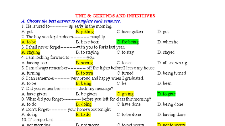 UNIT 8: GERUNDS AND INFINITIVES EXERCISES WITH ANSWERS - Studocu