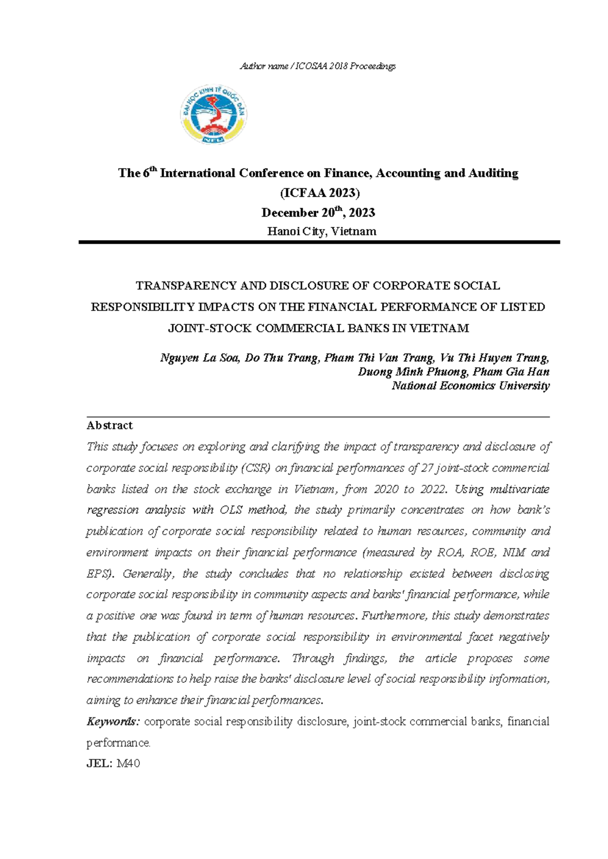 ICFAA 2023: CSR Disclosure Impact on Financial Performance of Banks in ...