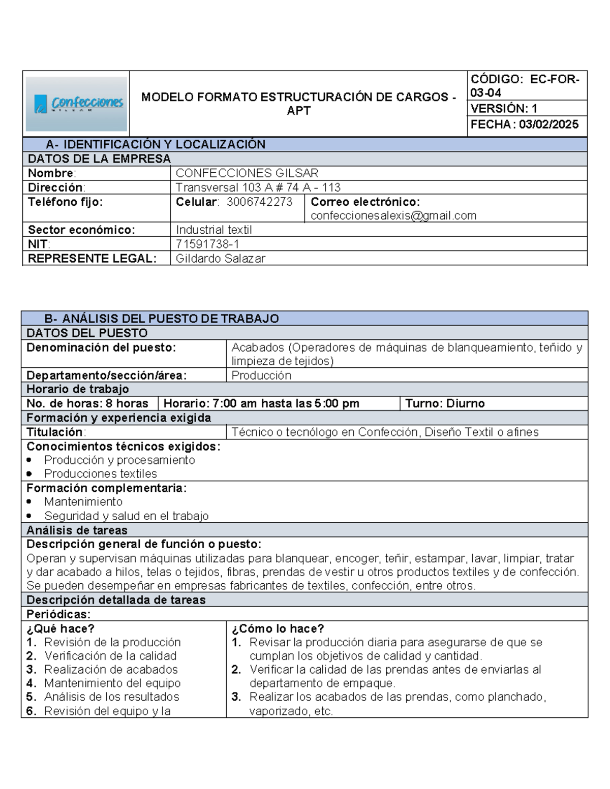 Modelo Formato Estructuración Cargo - APT - EC-FOR-03 - Versión 1 - Studocu