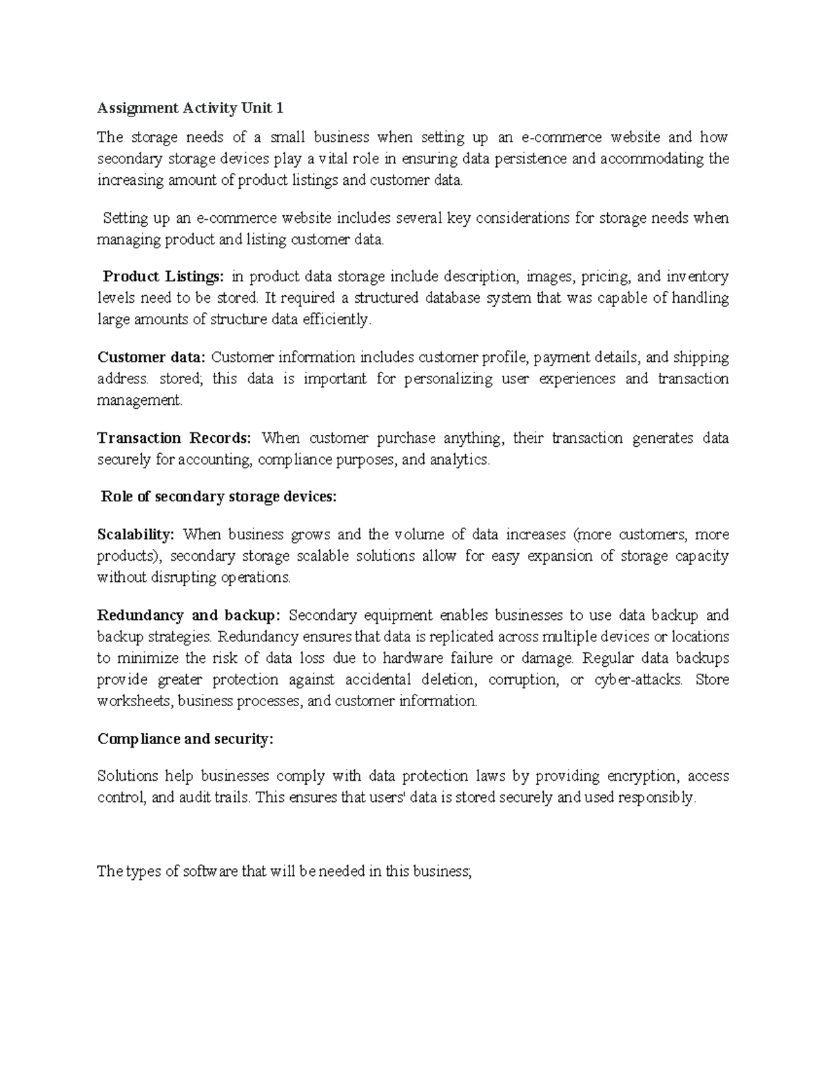 CS1111 Assignment Unit 1: Storage Needs for Small Business Websites ...
