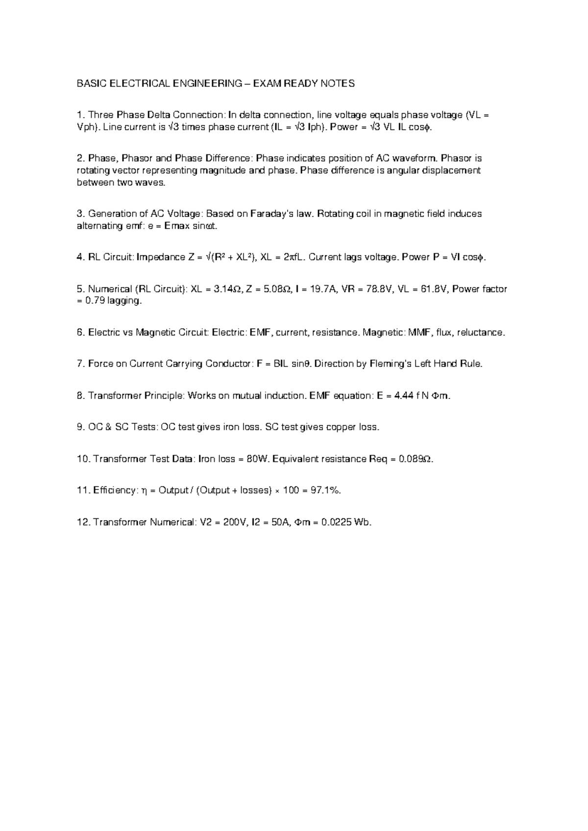 BEEE Final Exam Ready Notes: Key Concepts and Formulas - Studocu