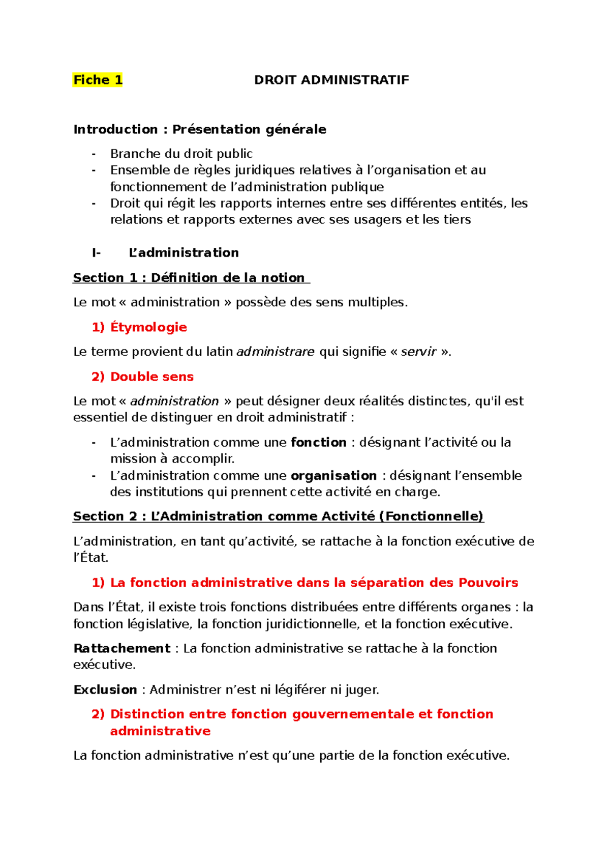 Fiche 1 - DROIT ADMINISTRATIF : Introduction et Concepts Fondamentaux ...