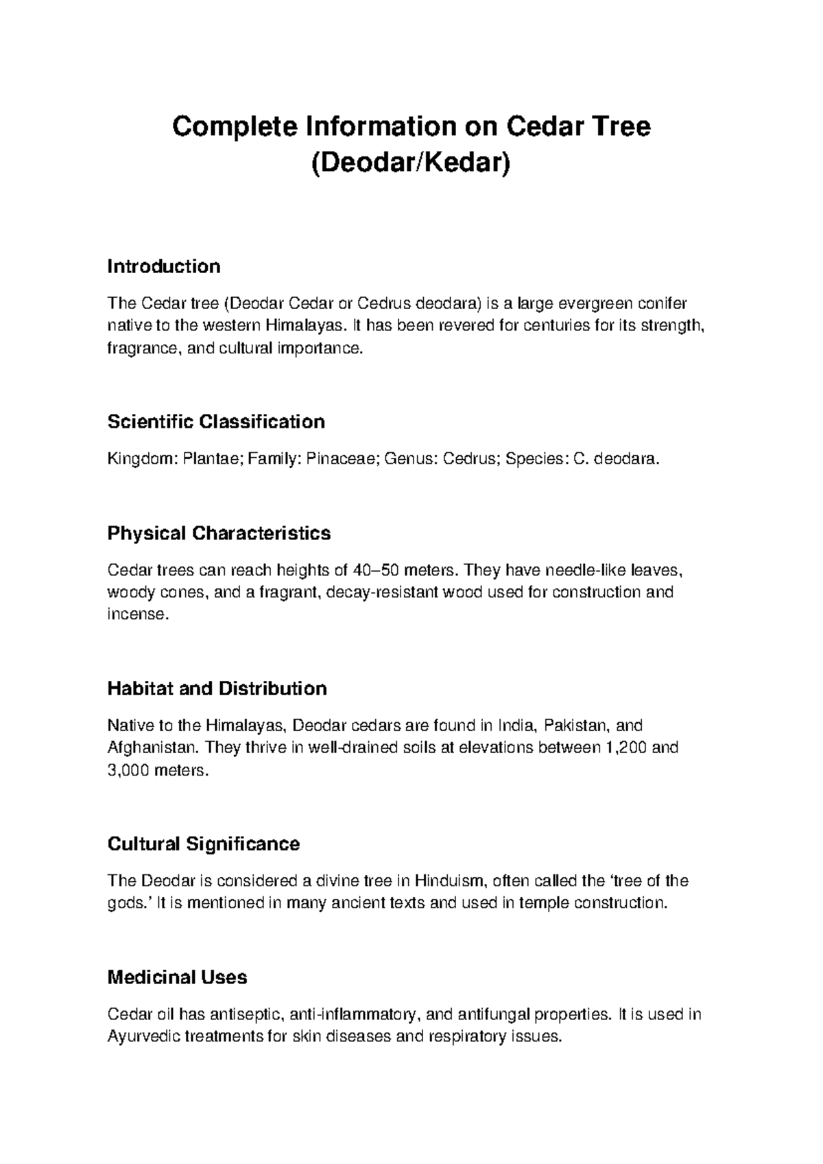 Cedar Tree Overview: Cultural, Ecological, and Economic Insights - Studocu